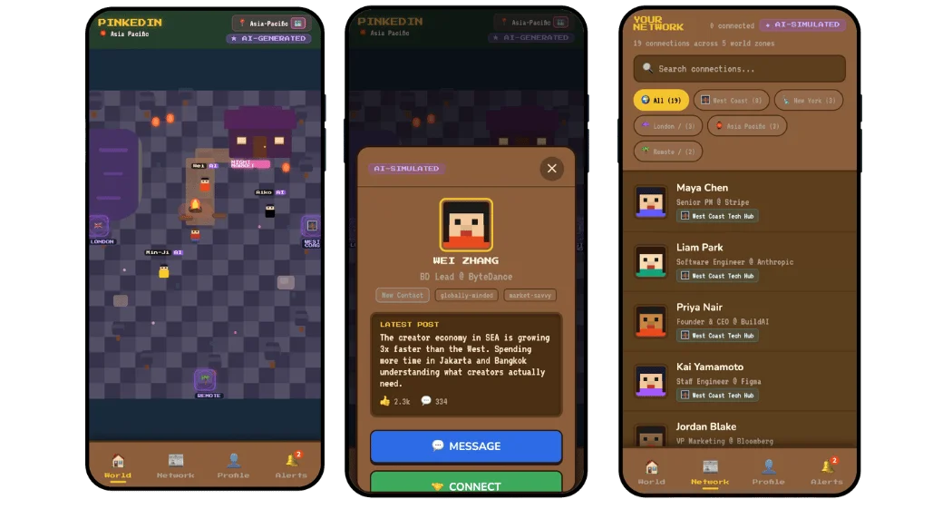 PinkedIn app: pixel-art world view, an AI-simulated connection profile with their latest post, and a searchable network of real LinkedIn connections rendered as game characters